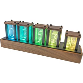 Adventurers Nixie Tube Clock,Walnut Wood RGB Digital Clock,Retro Modern Desktop Clock,No Assembly Required Pseudo Glow Tube Clock ,Decoration Desktop, Gift, Black Walnut