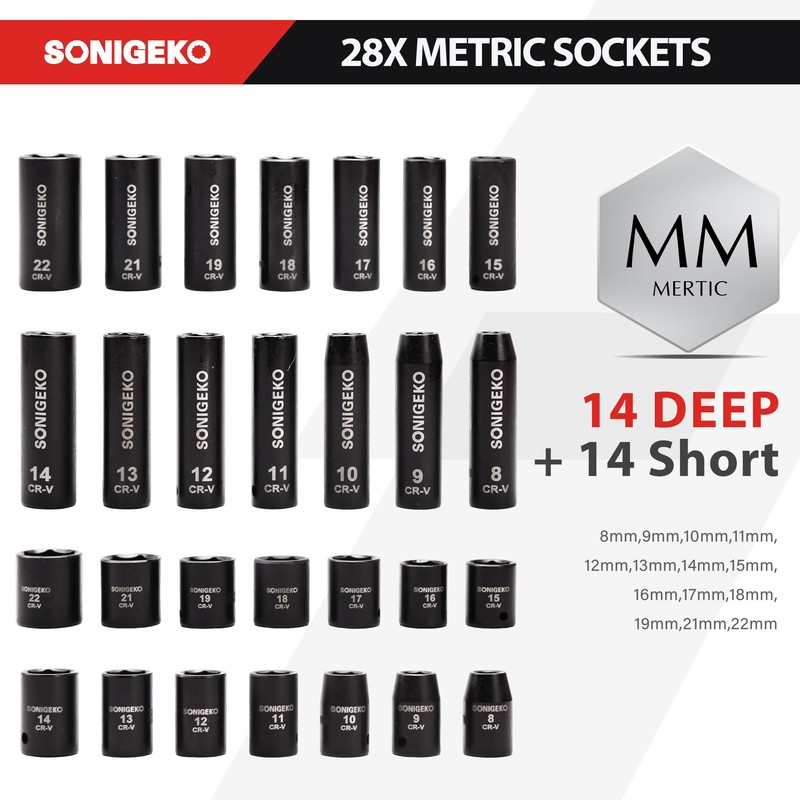 SONIGEKO Socket Set 3/8" Drive Impact Socket Set,48-Piece 6 Point