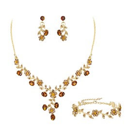 Ever Faith Bridal Jewelry Sets for Bride Bridesmaids Crystal Flower Leaf Prom Necklace Earrings Bracelet Set fit with Wedding Dress Brown Gold-Tone