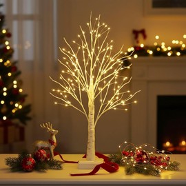 NXUEBDU 2ft Lighted Birch Tree with 144 Warm White LEDs - Small White Christmas Tree with Lights Centerpiece for Tabletop & Holiday Decor, Gift Ready Indoor Tree with Timer, USB/Battery Powered