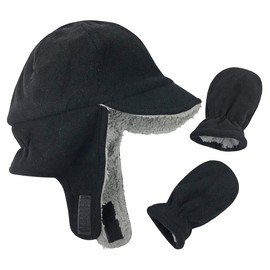 N'Ice Caps Little Kids Boys Baby Fleece Flap Hat Mitten Winter Set Sherpa Lined Toddler Infant (Black Infant 1, 3-6 Months)