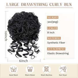 Benehair Messy Bun Hair piece for Women Elastic Drawstring Loose Wave Curly Scrunchies Ponytail Extension Synthetic Hair Extensions Hair Bun for Women Daily Use #1B Dark Black