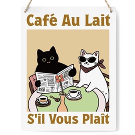 JRHung Funny Cute French Cafe Au lait Cat Wood Decor Sign, Retro Drink, Bistro Coffee Wood Plaque Decor, Farmhouse Bathroom Signs, Vintage Wood Printed Sign, Bathroom Sign