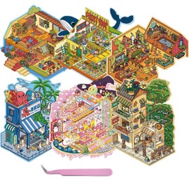 6 Sets Large Size 3D Miniature Scene Stickers, DIY House Stickers Therapy for Adults Cute 3D Cartoon Sticker Scenes for Adults Children Relief Stress Pass Time