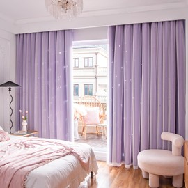 Loyala Star Curtains Double Layer Curtains Blackout Curtains for Bedroom Kids Curtains Cute Curtains, Curtains 63 Inches Long 2 Panels Set, Purple Curtains, 42 X 63 Inches
