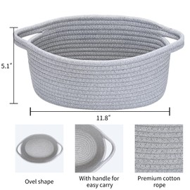 ABenkle Small Basket, 12"x 8" x 5" Cute Small Woven Basket, Rope Room Shelf Storage Basket, Cat Dog Toys Basket Chest Box, Decorative Empty Gift Basket with Handles - All Gray