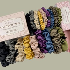 Silk Scrunchies | Premium Handcrafted 25 Momme Mulberry Silk Hair Bands | Elastics Ties Ponytail Holders and Hair Accessories (Small Scrunchies (3), Midnight)