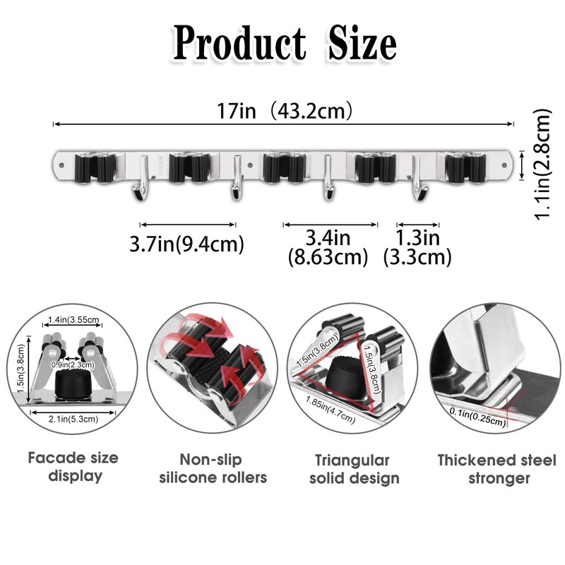 AceMining 5 Racks and 4 Hooks Mop and Broom Holder