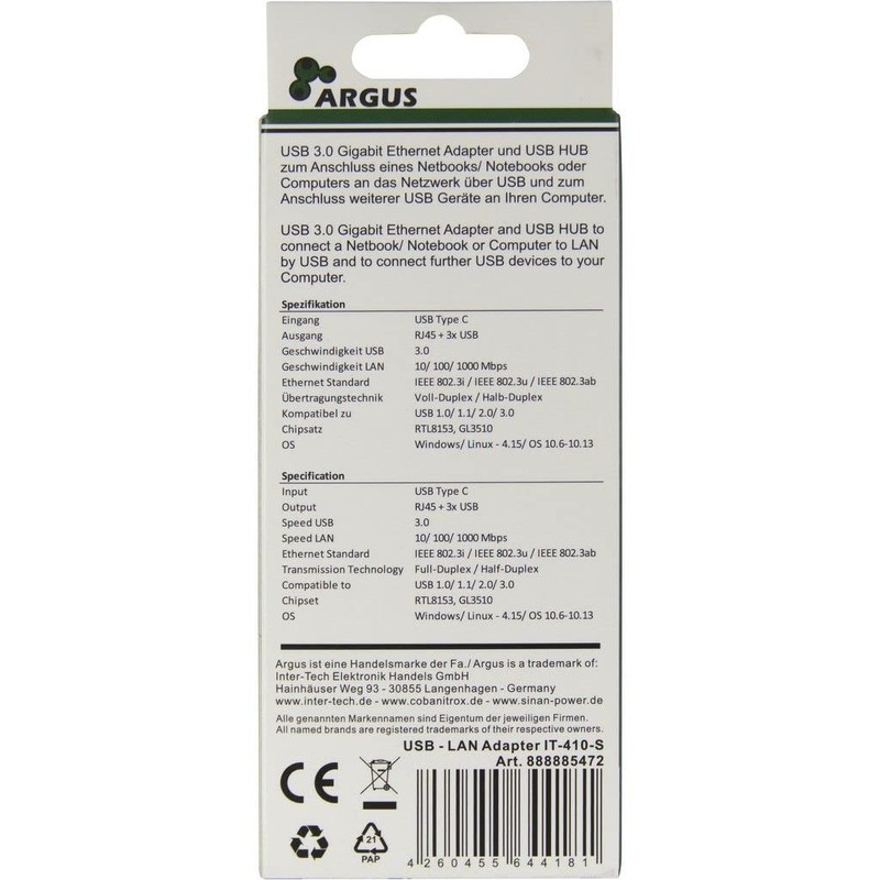 Inter-Tech Argus IT-410-S Adapter USB Type C - GbitLAN with