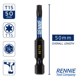 Rennie Tool Company 5 x Rennie Tools 50mm Long T15 TX15 Impact Driver Bit Set.High Performance Magnetic Torx Screwdriver Bit Set.Black Oxide Coated Torx Impact Driver Bits.Torx Bit Set