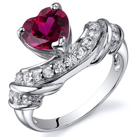 PEORA Created Ruby Heart Ring for Women in Sterling Silver, Statement Solitaire Design, 1.75 Carats total, Comfort Fit, Size 9, July Birthstone Ring, w/Jewelry Box, For Classy Gift & Everyday Wear
