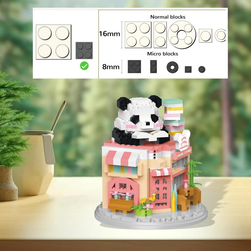 WULOBOOI Street View Bookstore Mini Building Blocks,872 Pieces Cute Panda