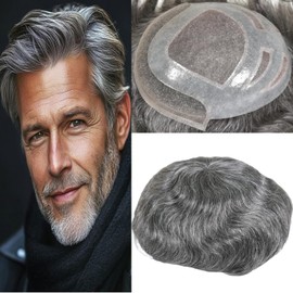 Voloria Durable Hair System for Men French Lace Front Fine Mono and Skin PU Around Mens Toupee Human Hair Pieces Natural Hairline Hair Replacement for Men 8x10INCH 1B Black with 70% White hair