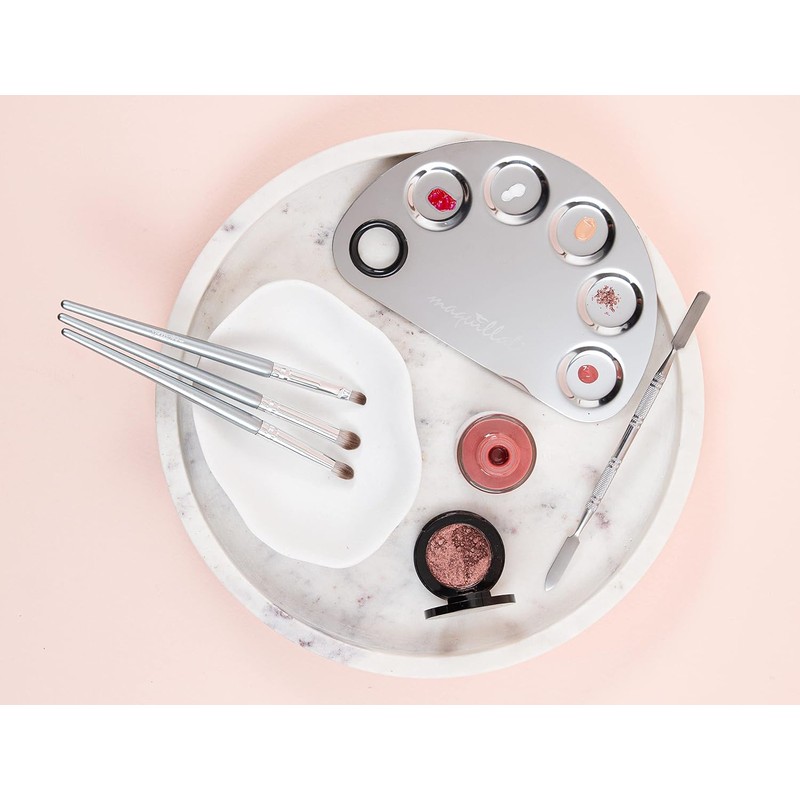 PALETA DE ACERO INOXIDABLE PARA MEZCLA DE MAQUILLAJE CON ESPATULA