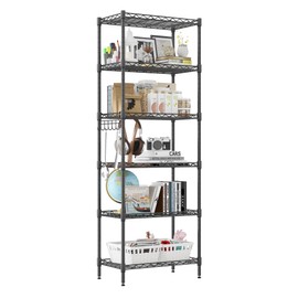 Homdox 6-Tier Storage Shelf Wire Shelving Unit Free Standing Rack Organization Adjustable Leveling Feet, Stainless Side Hooks, Black