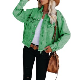 LONGBIDA Women's Jean Jacket Frayed Washed Button Up Cropped Denim Jacket With Pockets(Green,L)