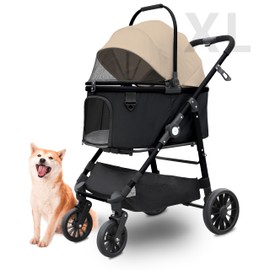 Dog Stroller, Folded 4 Wheels Pet Stroller for Small Medium Dogs Cats, Easy to Store and Assemble, Cat Stroller with 360°Swiveling Front Wheel and Brake for Traveling Going Out Walking (Khaki)