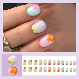 24 Pcs Extra Short Press On Nails Square,YEFIUO Summer Fake Nails Press ons Nail Art Tip Acrylic Nail Kit Glue on Nails Full Cover False Nail with Yellow Pink Ombre Flowers Glossy Design for Ma'am