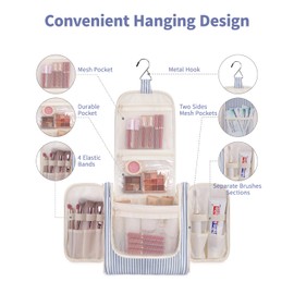 Narwey Striped Hanging Travel Toiletry Bag for Women, Travel Bag for Toiletries, Makeup Bag Organizer Cosmetic Bags Make Up Bags for Women (Greyish Blue Stripe)