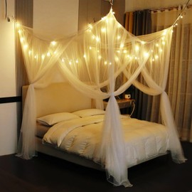 Anmas Box Mosquito Net Bed Canopy for Double Bed - White Four Corner Post Curtains, Elegant Drape With Hook & Rope, Screen Netting for Full