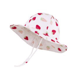 UPF 50 Sun Hat for Baby Girls Adjustable Toddler Kids Sun Protection Hat Wide Brim Summer Outdoor hat with Chin Strap (White -Strawberry, 1-2Years (50cm /19.7"))