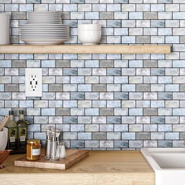 VANCORE Peel and Stick Backsplash for Kitchen: Self Adhesive Wall Tiles for Bathroom - 3D Subway Back Splash - 5 Sheets Vinyl Blue Waterproof Wallpaper with Real Marble Texture for Shower