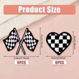 12pcs Racing Patches Checked Racing Flag Patches Classic Black White Racing Flag and Heart Iron on Patches Embroidered Patch Appliques for Clothes Jeans Hats Backpacks