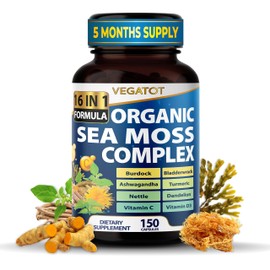 Organic Sea Moss with Bladderwrack, Burdock, Ashwagandha, and Turmeric - Immunity Booster for Healthy Aging, Skin & Joint Support- Made in The USA (150 Count (Pack of 1))