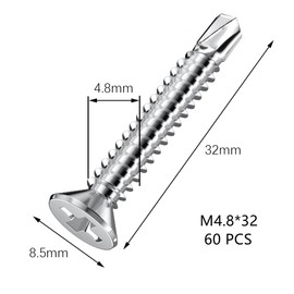 60 PCS Stainless Steel Self Drilling Self Tapping Metal Screws for Iron Sheets, Furniture, Steel Tiles (M4.8 * 32mm)