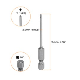 sourcing map 10pcs #1 Phillips Screwdriver Bit PH1 1/4" Hex Shank 2.56" (65mm) Long Magnetic S2 Steel Industrial Grade Screw Driver Bit Cross Head Electric Drill Bits 0.098" (2.5mm) Rod