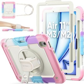 SEYMAC stock SEYMAC stock for iPad Air 11 inch Case (M3/M2, 2025/2024), Heavy Duty Shockproof Cover with Screen Protector, 360 Rotating Stand/Hand Strap, Shoulder Strap & Pencil Holder for iPad Air 11, Pink