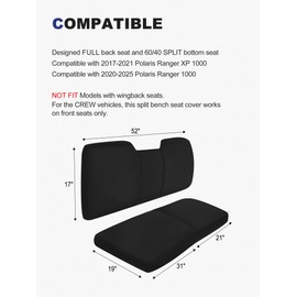 ZIDIYORUO UTV Seat Cover for Polaris Ranger 1000 2020-2025 & Ranger XP 1000 2017-2021, Waterproof Ranger Seat Covers, Dog-Proof & Easy-Clean, a Full Back seat and 60/40 Split Bottom seat (Black)