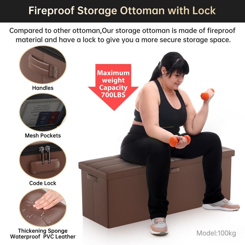 DocSafe Storage Ottoman Bench,Fireproof＆Waterproof Folding Storage Bench with Lock(15”x 43”x15”),Leather