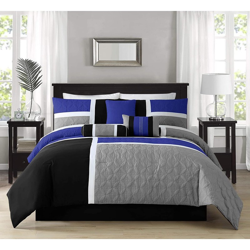 Chezmoi Collection Upland 7-Piece Quilted Patchwork Comforter Set, Blue/Black/Gray, Queen