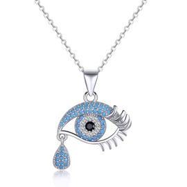 PAENENPH Solid 14K Gold Over 925 Silver Moissanite Evil Eye Pendant Necklace for Women,Dainty Blue Evil Eye Tear Drop Choker Necklace,Fashion Christmas Jewelry Gift for Her (White Gold, 14K Gold)