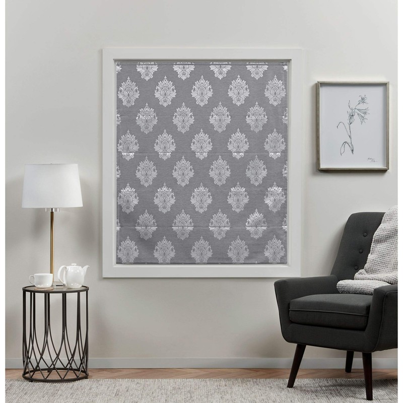 Exclusive Home Marseilles Damask 100% Blackout Roman Shade, 34"x64", Grey