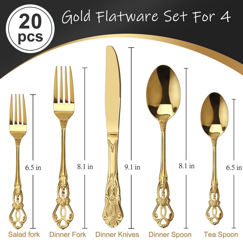 Runfly Gorgeous Retro Royal Gold Stainless Steel 20 Pieces Flatware