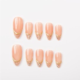 Basic Design with Chrome, French, Light Star Almond Press On Nails, Classic Design Fake Nails for Chrismast Event, Wedding Event, Prom, Party (S005, S)