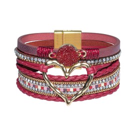 GZJINYUAN Heart Leather Wrap Bracelet for Women, Boho Cuff Bracelet with Strong Clasp, Rhinestone Multilayer Stackable Bracelet, One Size, Faux Leather, no gemstone