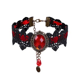 ETERNITY J. Retro Handmade Craft Lace Royal Court Vampire Choker Gothic Necklace Red Pendant Chain