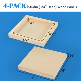 Unfinished Birch Wood Canvas Panels Kit, Falling in Art 4 Pack of 6x6’’ Studio 3/4’’ Deep Cradle Boards for Pouring Art, Crafts, Painting and More