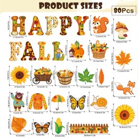 80 HAPPY FALL Maple Leaf Pumpkin Wall Chart Notice Board Decoration Set (No Stickers) for Classroom. Includes DS Sticky Squares for Easy Attachment, Ideal for Students and Teachers