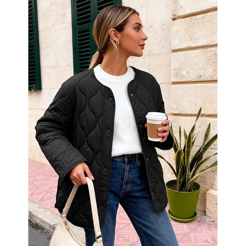 Flygo Women's Oversized Quilted Lightweight Jacket Button Down Puffer Padded