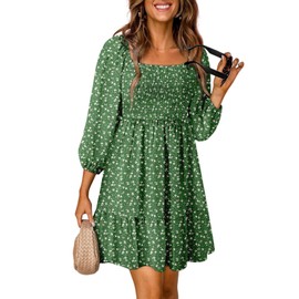 Dokotoo Sun Dresses for Women 2025 Vacation Boho Square Neck 3/4 Sleeve Smocked High Waist Ruffle A Line Bohemian Summer Fashion Short Flowy Hawaiian Mini Cute Babydoll Dress Sundresses Green X-Large