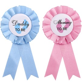 WILLBOND 2 Pieces Daddy and Mommy to Be Tinplate Badge Pin, Gender Reveal Party Favor, Rosette Button Pins with Ribbon, New Dad Mom Gifts for Baby Shower Party Celebration(Pink, Blue)