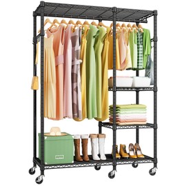 Ulif F4R Heavy Duty Clothes Rack（With Lockable Wheels ） Rolling Clothing Racks for Hanging Clothes，Adjustable Closet Organizer System，Portable Garment Rack 45" W x 15" D x 72" H，Max Load 520LBS，Black