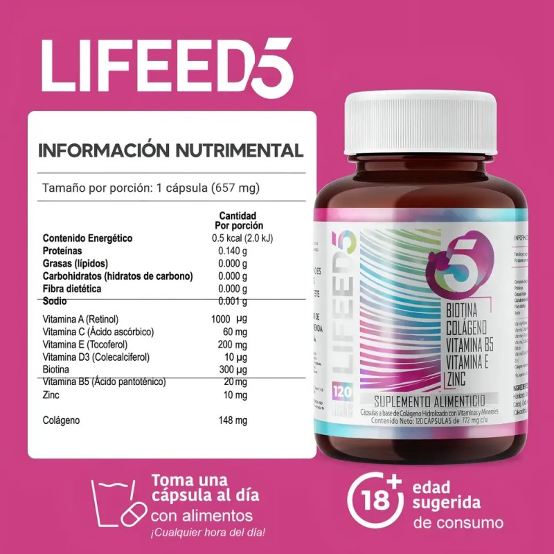 Lifeed5 - Suplemento Multivitamínico LIFEED5 de Biotina y Colágeno para