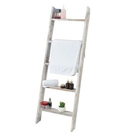 Rustic 5-Tier Wall-Leaning Wood Loadder Towel Racks for Bathroom Livingroom Kithen Office Woden Farmhouse Ladder-Style Blanket Rack Multipurpose Organizer Rack for Home (White)