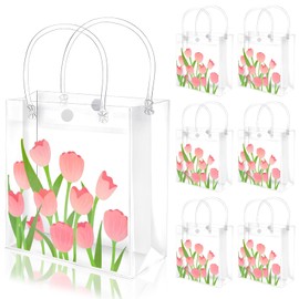 FYSUIMU 24 Pcs Spring Flower Tulip Clear PVC Gift Bags Pink Flower Party Favor Bags with Handle Floral Treat Tote Bags for Wedding Birthday Baby Shower