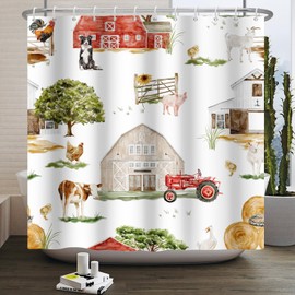 Farm Shower Curtain 180 x 180 cm, ASDCXZ Rustic Farm Red Barn Animal Pig Chicken Cow Dog Sheep Washable Shower Curtains Polyester Textile Waterproof Shower Curtain for Bath with 12 Hooks